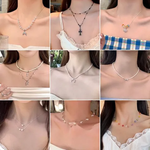 Collana Künstliche Perle Artificiali Estetica Donna Pendente Farfalla Croce Stella Marina Girocollo Sovrapposto Elegante Gioielli