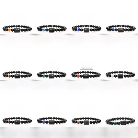 Zodiac Constellation Beaded Bracelet Matte Black Glass Tiger Eye Blue Turquoise Gold Alloy Spacer Elastic Rope Jewelry