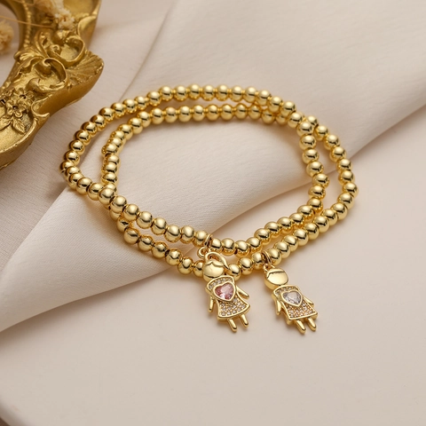 Beaded Armband Kupfer Vergoldet Mit Herz Zirkonia Junge Mädchen Anhänger Elastischer Modeschmuck Für Damen