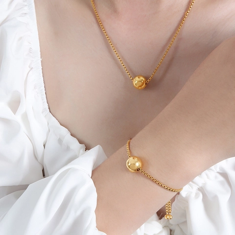 Minimalist 18K Gold Plated Stainless Steel Round Ball Necklace Adjustable Bracelet Drop Earrings Jewelry For Women