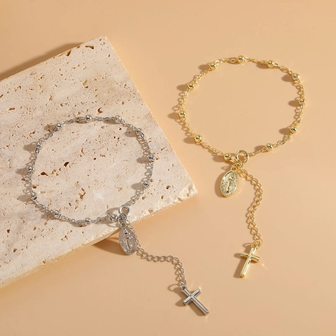 Rosary Bracelet Copper 14K Gold Plated Cross Pendant Virgin Mary Medal Adjustable Bead Chain Religious Fashion Jewelry