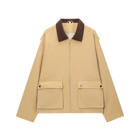 Giacca Utility In Tela Da Donna Con Colletto In Velluto A Coste Cerniera Casual Stile Biker
