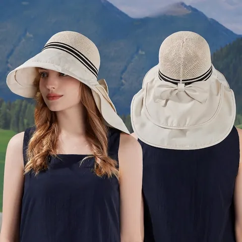 Women Sun Protection Hat Large Brim With Neck Flap Shawl Breathable Polyester Outdoor Hiking Beach Bow Decor Striped