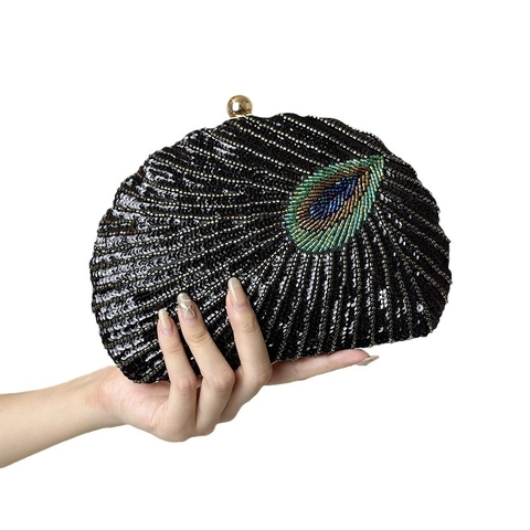Peacock Feather Sequin Beaded Evening Clutch Bag Handmade Embroidery Vintage Chinese Style Handbag For Women Formal Party