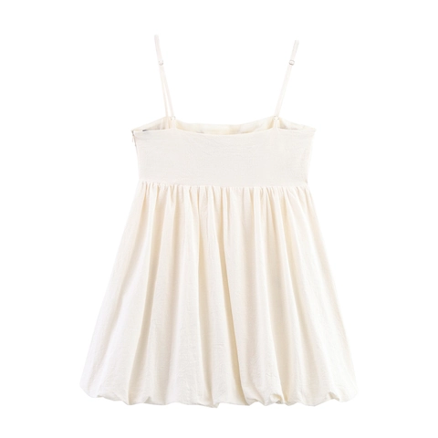 Vestido Mini Camisola Algodón Blanco Roto Bordado Floral Dobladillo Burbuja Vacaciones Bohemio Chic Sin Mangas