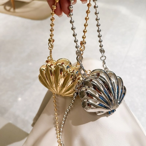 Mini Lip Shell Shape Metal Crossbody Bag Zinc Alloy Trendy Chain Strap Evening Handbag For Women