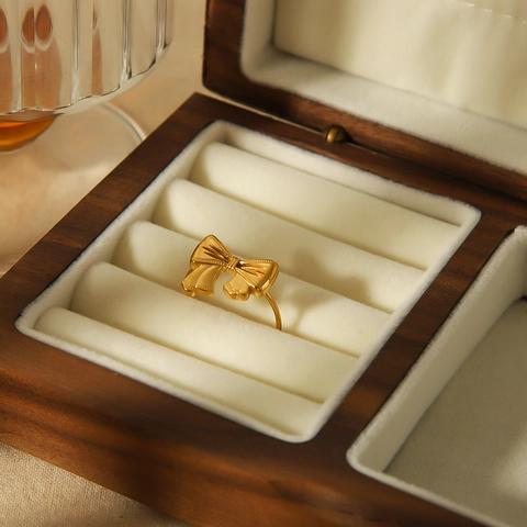 Anillo Abierto de Acero Inoxidable Chapado en Oro de 18K para Mujer Elegante Lazo Flor Perla Ajustable Joyería
