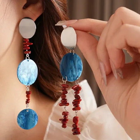 Orecchini Lunghi Pendenti Asimmetrici Bohémien Con Silver Earring Post Resina Marmo Blu E Perle Di Pietra Rossa Vintage Per Donna