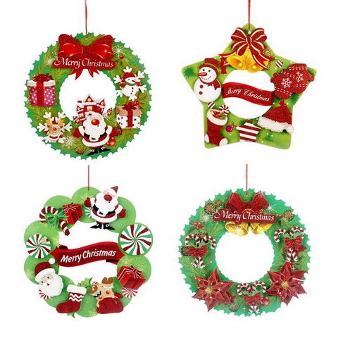 Christmas Wreath Door Hanging Ornament Santa Claus Snowman Glitter Paper Festive Party Wall Decoration