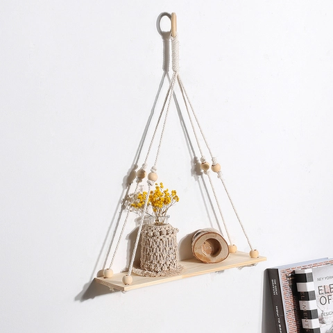 Scaffale Sospeso a Parete Macrame Bohemien Realizzato a Mano Corda in Cotone Legno Mensole Con Nappe per Decorazione Domestica