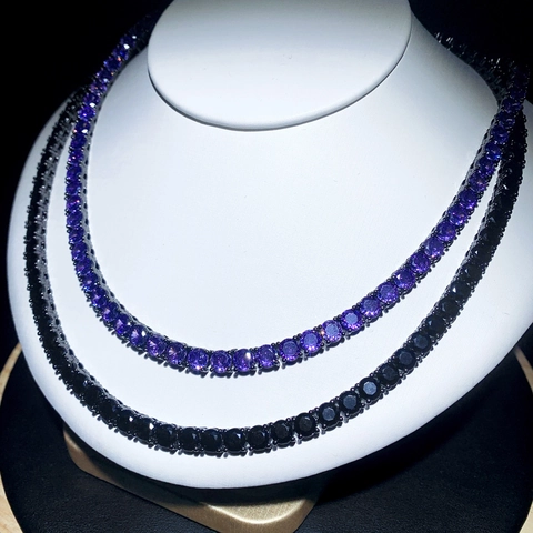 Tennis Kette Halskette Kupfer Mit Schwarz Violett Zirkonia Rundschliff Hip Hop Street Style Herren