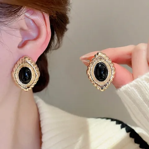 Retro Palast Stil Oval Ohrstecker Für Damen Legierung Schwarz Stein Und 925 Sterling Silber Ohrring Stecker Vintage Schmuck