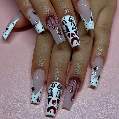 Halloween Clown Press On Nails Lange Ballerina Coffin Künstliche Falsche Nägel Mit Blutstropfen Und Schwarzem Sterndesign