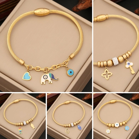 Böser Blick Elefant Hamsa Hand Charm Armband Edelstahl Emaille Straß Goldfarbenes Kordelarmreif Für Damen