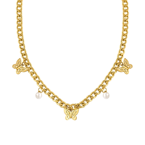 Collana con Ciondolo a Farfalla in Acciaio al Titanio Con Perle Artificiali Catena Grossa Street Style Oro Argento Gioielli