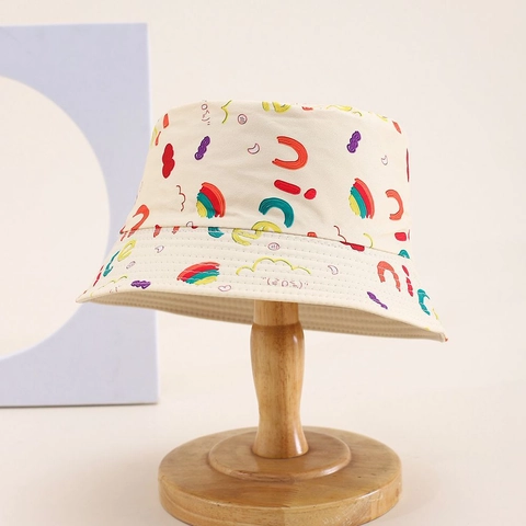 Kids Reversible Bucket Hat Polyester Colorful Letter Rainbow Print Breathable Sunshade Outdoor For Toddler Boys Girls