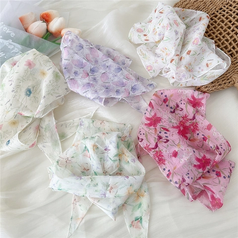 Foulard en Polyester Losange Léger pour Femmes Style Coréen Imprimé Floral Papillon Bandeau Cheveux Foulard Décoratif