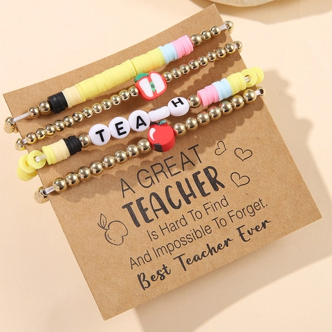 Inspirational Letter Bracelet Polymer Clay Heishi Beads Apple Charm Teacher Appreciation Day Gift Bohemian Jewelry Accessory