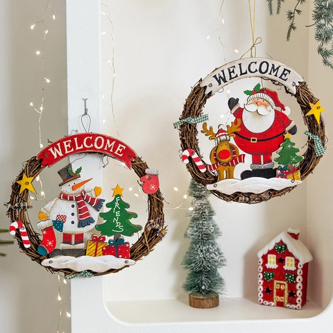 Ghirlanda Di Natale Decorazione Sospesa In Rattan Con Babbo Natale Pupazzo Di Neve Insegna Welcome Ornamento Legno Decorazione Muro