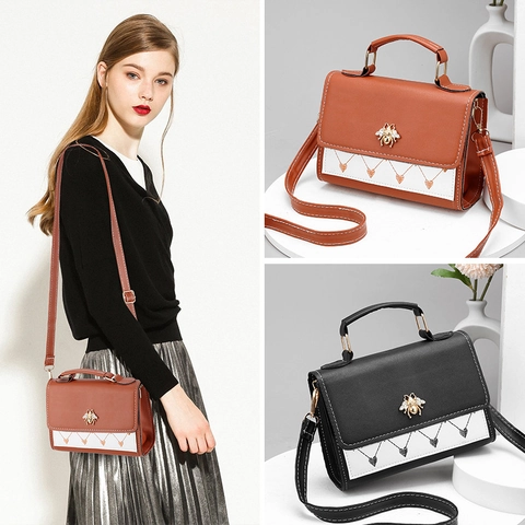 Damen PU Leder Kleine Quadratische Tasche Biene Metall Dekor Herz Stickerei Schulter Umhängetasche Handtasche