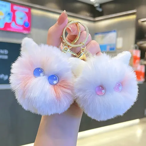 Cute Plush Cat Head Keychain Cartoon Animal Bag Pendant Fluffy Kitten Key Ring For Backpack Accessories Women Kids Gift