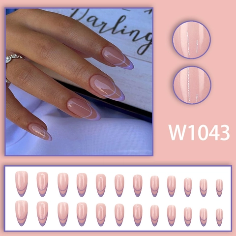 Glossy Long Almond Press On Nails French Purple Crescent And Nude Pink Elegant Artificial False Nails For Women