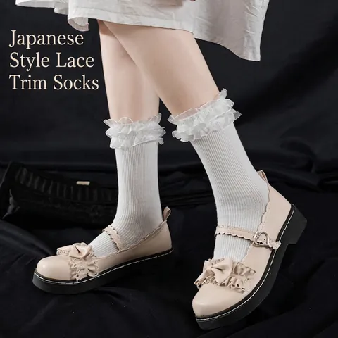 Women Sweet Lolita Style Calf High Socks With Double Layer Lace Ruffle Trim Ribbed Knit Organza Frill Stockings For Daily