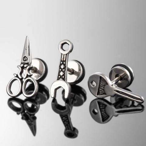 Stainless Steel Stud Earrings Scissors Wrench Key Shaped Punk Industrial Style Cool Piercing Jewelry For Men Women