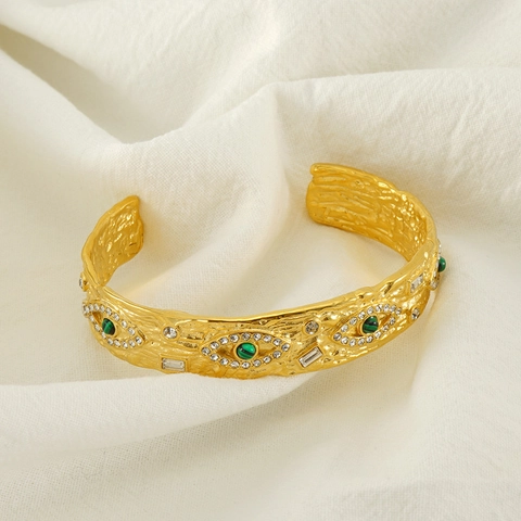 Retro Evil Eye Armreif Aus Edelstahl 18K Vergoldet Mit Hammerschlag Textur Manschettenarmband Mit Zirkon Damen