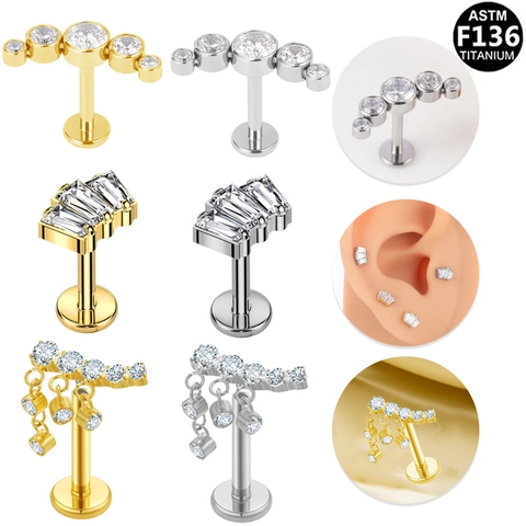 ASTM F136 Titanium Labret Studs Cubic Zirconia Internally Threaded Lip Rings Flat Back Piercing Jewelry For Women Men