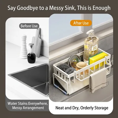 Kitchen Sink Caddy Organizer Stainless Steel Drain Rack Slanted Tray Towel Bar Sponge Soap Brush Holder Modern Durable