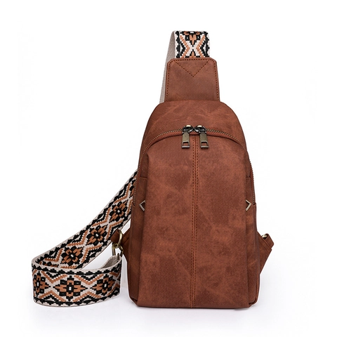 Bolso De Pecho Para Mujer Cuero PU Vintage Bolso Cruzado Con Correa Ancha Con Patrón Étnico Multi Bolsillo Para Viajes Diarios