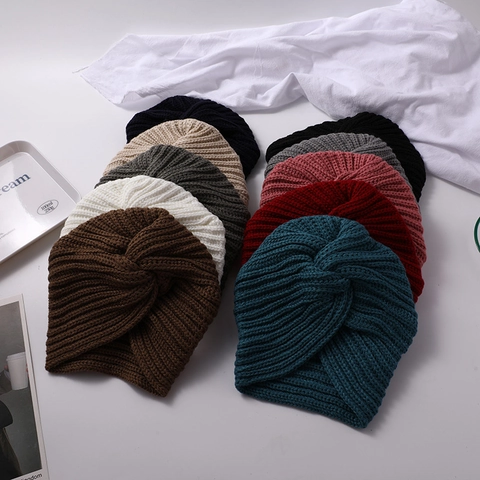Women Knit Turban Hat Soft Cotton Cross Twist Knot Beanie Bohemian Vintage Winter Warm Headwear Headwrap