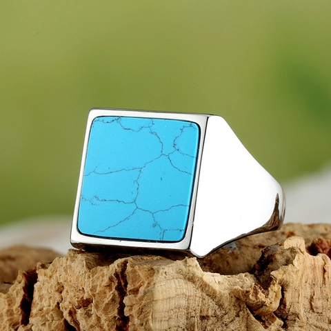 Anillo A Sigillo Da Uomo Quadrato Acciaio Inossidabile Con Occhio Di Tigre Turchese Agata Nera Stile Punk Lucidato