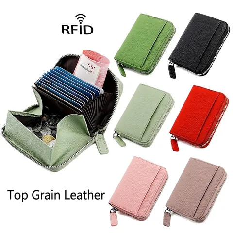 Porta Carte A Fisarmonica In Vera Pelle Di Vacchetta Blocco RFID Cerniera Multi Slot Grana Di Litchi Portafoglio Donna Uomo