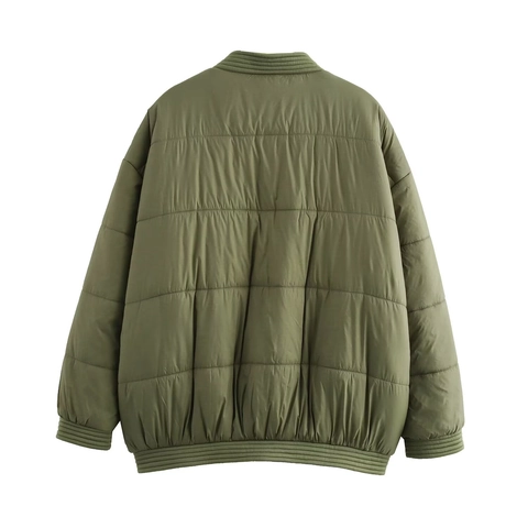 Veste Matelassée Femmes Col En V Manches Longues Légère Vintage Style Ethnique Motif Carré Vert Armée Manteau