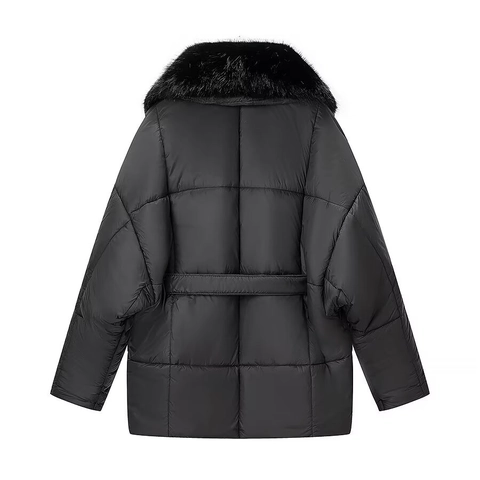 Women Mid-Length Padded Jacket With Detachable Artificial Fur Collar Hooded Slim Fit Solid Color Winter Warm Quilted Coat