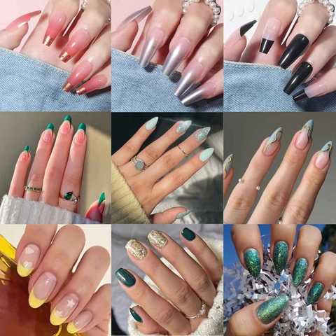 Faux Ongles à Presser Longs Forme Cercueil Amande Dégradé Paillettes Design Français Lot pour Femmes Décoration Manucure