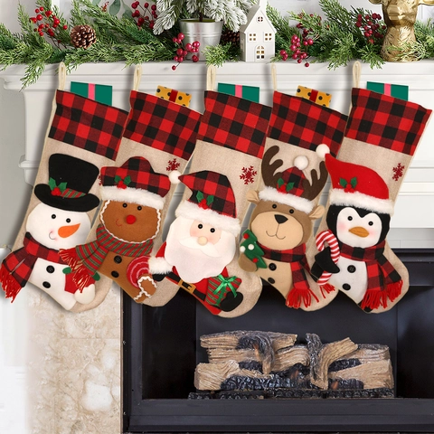 Christmas Stockings Burlap Buffalo Plaid 3D Santa Snowman Reindeer Hanging Fireplace Holiday Party Decor