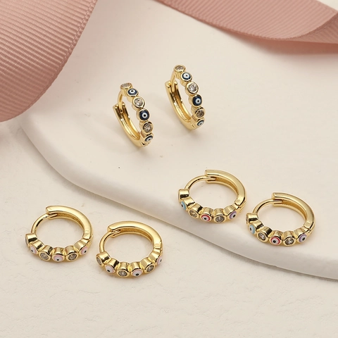 Boucles D Oreilles Créoles Œil Du Mal Cuivre Zircon Émail Géométrique Coloré Bijoux Pour Femmes Style Boho Cadeau