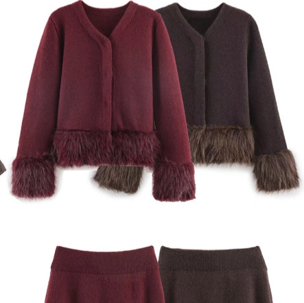 Dames Gebreide Cardigan En Midi Rok Outfit Faux Fur Trim Lange Mouwen Ronde Hals Elegant Effen Kleur