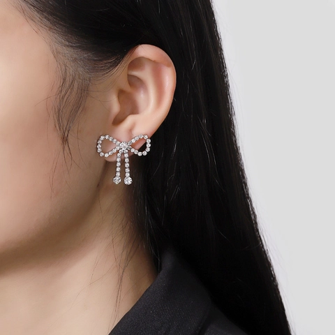 Elegant Bowknot Tassel Drop Earrings For Women Sparkling Rhinestone Alloy Jewelry With Copper Earring Post