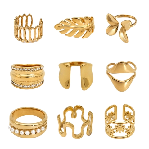 Stainless Steel Ring Women Vintage Hollow Flower Leaf Wave Design Adjustable Niche Fashion Jewelry Unique Gift