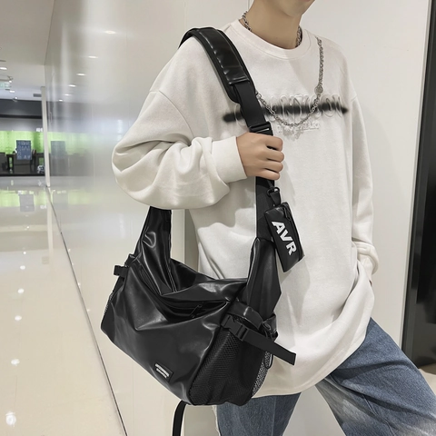 Bolso Mensajero Para Hombre Gran Capacidad Cuero PU Y Nailon Bolso Bandolera Con Bolsa Pequeña Desmontable Estilo Streetwear Casual