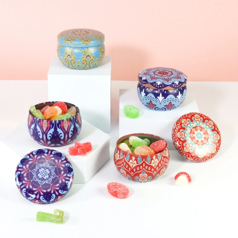 Round Tinplate Storage Jars With Lids Decorative Metal Candle Tins For DIY Candy Tea Spices Mandala Marble Patterns