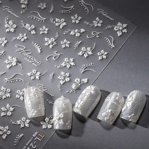 Stickers Ongles Relief 3D Fleurs Blanches Rubans Künstliche Perles Décorations Art Manucure Pour Femmes DIY Salon Style