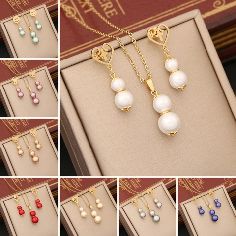 Set Di Gioielli In Acciaio Inossidabile Da Donna Con Ciondolo A Perla Artificial Imitazione Collana E Orecchini Eleganti