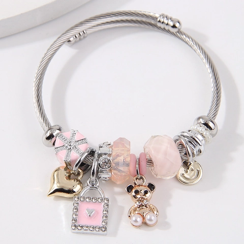 Stainless Steel DIY Beaded Bangle For Women Alloy Heart Bear Charm Bracelet Rhinestone Artificial Pearl Adjustable Fashion Jewelry