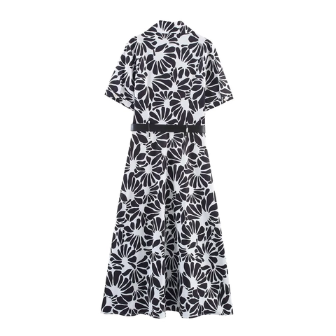 Dames Zomer Casual Polyester Poplin Maxi Jurk Zwart Wit Botanisch Bloemmotief Met Riem Korte Mouw Overhemdjurk