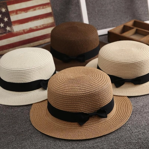 Boater Hat Woven Straw Flat Top Sun Protection Beach Summer Bow Ribbon Ribbon Decor Elegant Headwear For Women